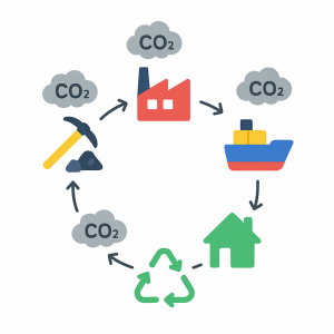 Schéma circulaire représentant les étapes de fabrication d’un produit, de l’extraction à la maison en passant par l’usine et le transport, avec des nuages “CO₂” au-dessus de chaque phase, et un symbole de recyclage à la fin.