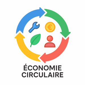 Cercle multicolore avec icônes outil, argent, feuille et humain représentant les principes de l’économie circulaire.