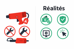 Infographie comparative entre mythes et réalités sur la location d’outils : à gauche, perceuse et icônes rouges barrées représentant les idées reçues ; à droite, icônes vertes illustrant des avantages comme l’économie, la sécurité, et la facilité d’utilisation.