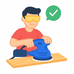 Personnage stylisé portant des lunettes de protection, utilisant une ponceuse orbitale bleue sur une planche de bois, avec une icône de validation verte au-dessus.