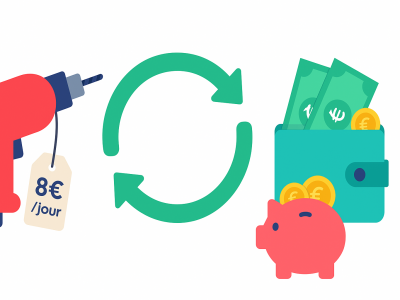 Perceuse à louer, flèche circulaire verte et portefeuille rempli, symboles de l’économie circulaire et de l’épargne.