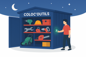 Utilisateur stylisé scannant un badge devant un container rempli d’outils, sous un ciel nocturne avec lune et étoiles.