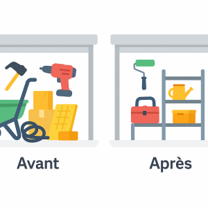 Comparatif “Avant” et “Après” d’un garage : à gauche, encombré d’objets désorganisés ; à droite, bien rangé avec étagères ordonnées.